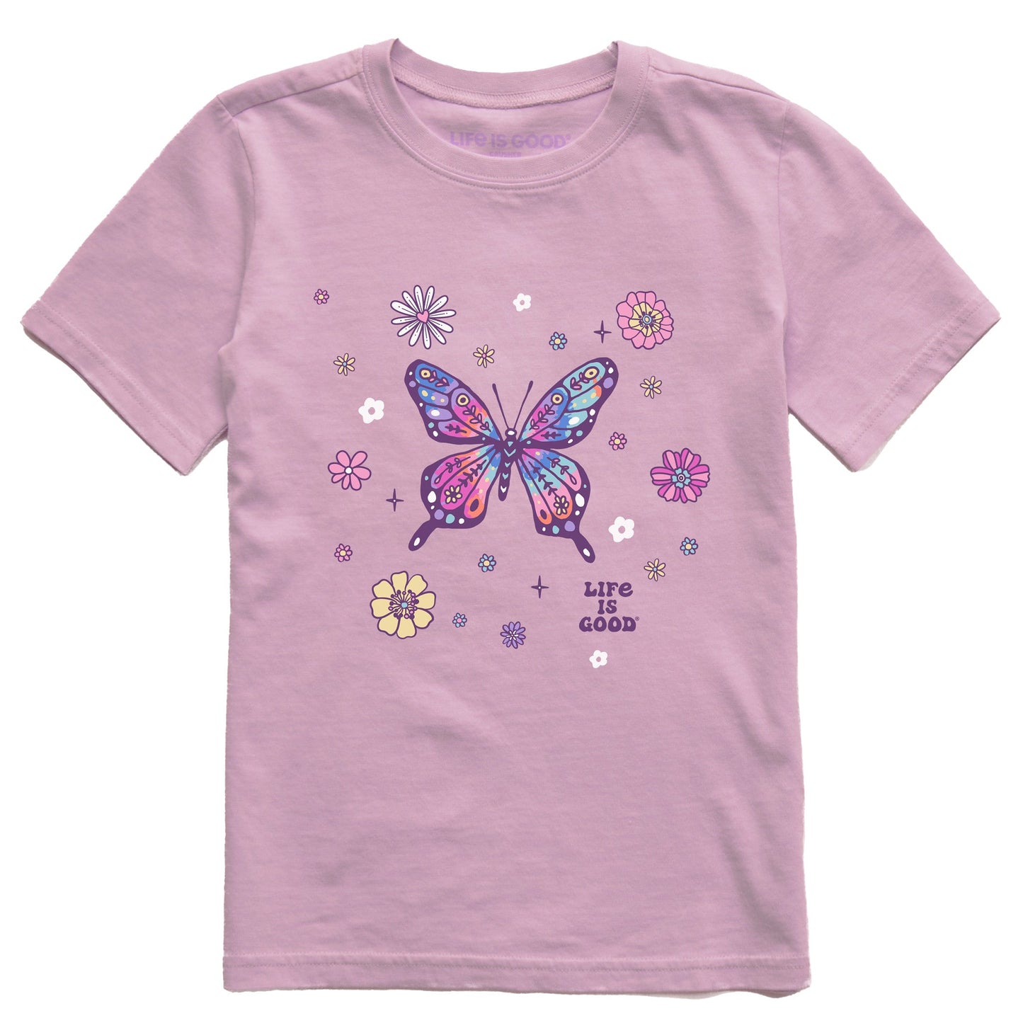 Kids Tie Dye Retro Butterfly Flowers Short Sleeve Crusher Tee