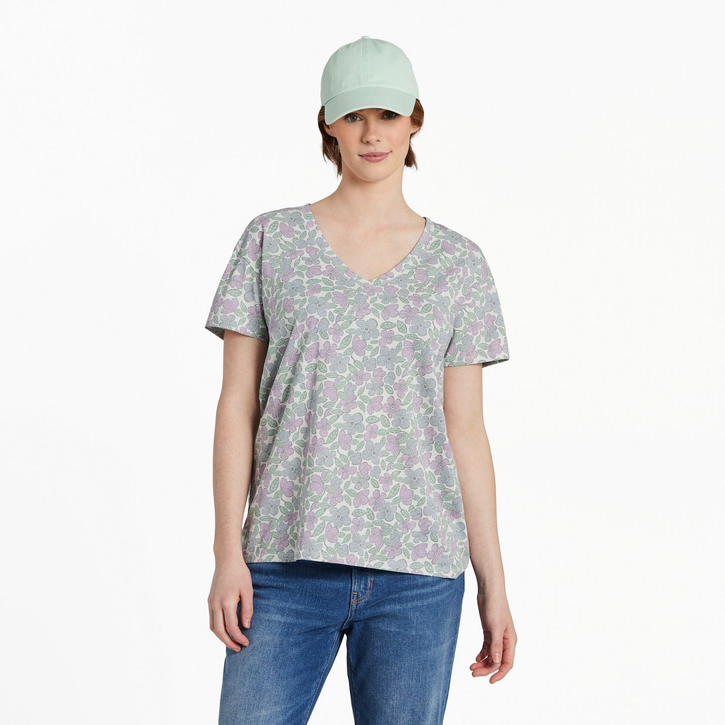 Women's Woodblock Floral Pattern Crusher-LITE Easy Vee