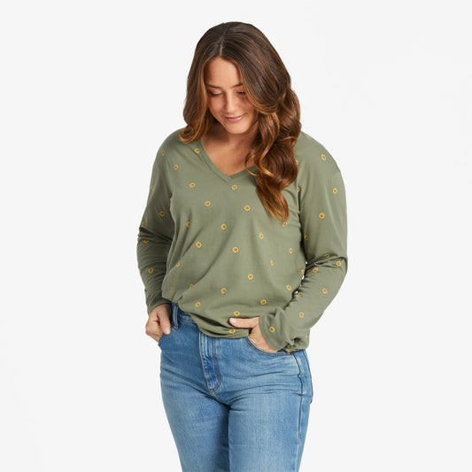 Women's Simple Sunflower Pattern Long-Sleeve Crusher-LITE Easy Vee