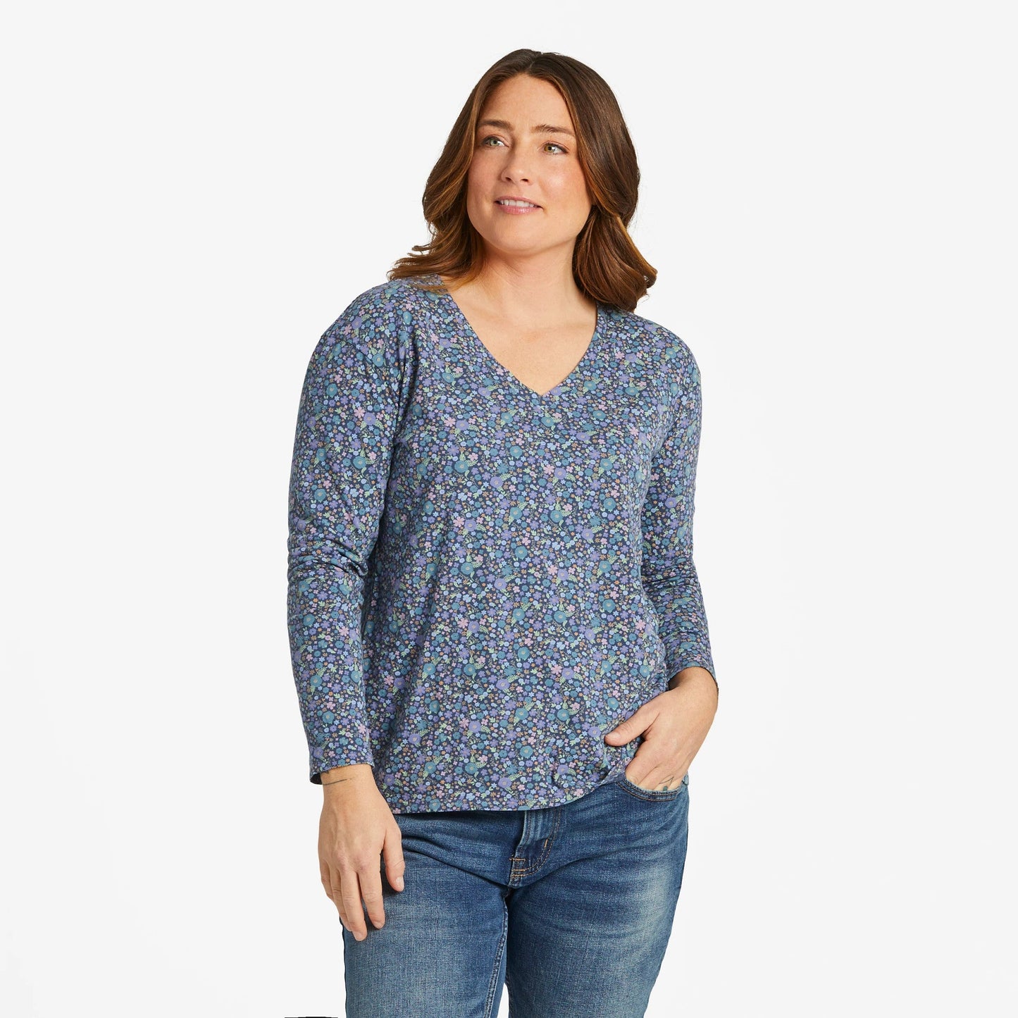 Women's Ditsy Floral Pattern Long-Sleeve Crusher-LITE Easy Vee