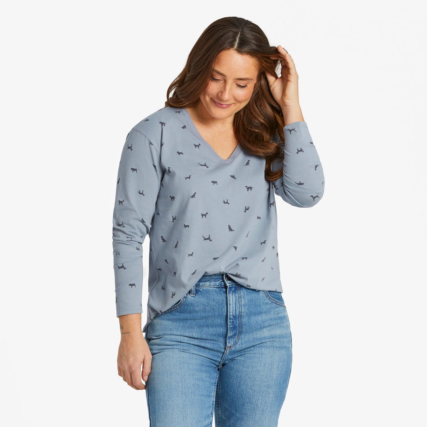 Women's Dog Ditsy Pattern Long-Sleeve Crusher-LITE Easy Vee