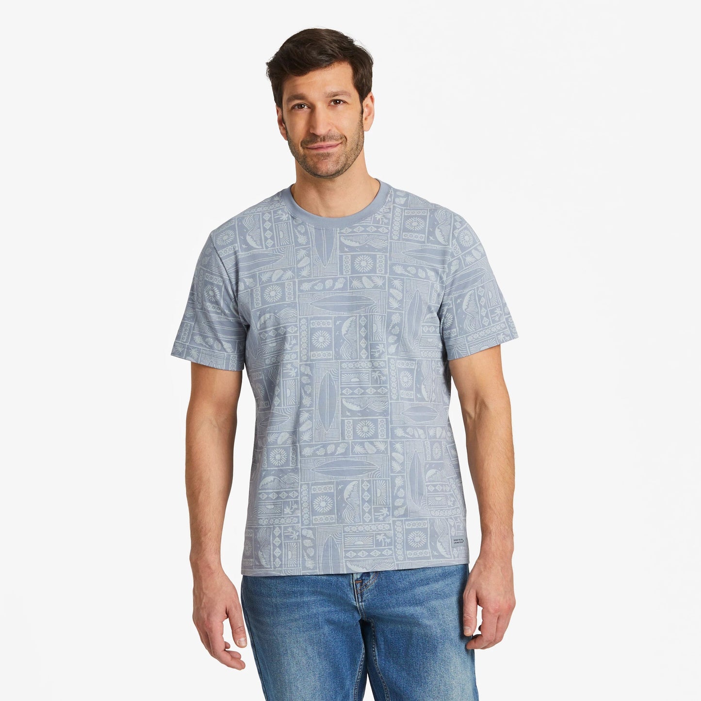 Men's Beach Woodblock Pattern Short Sleeve Allover Printed Crusher Tee