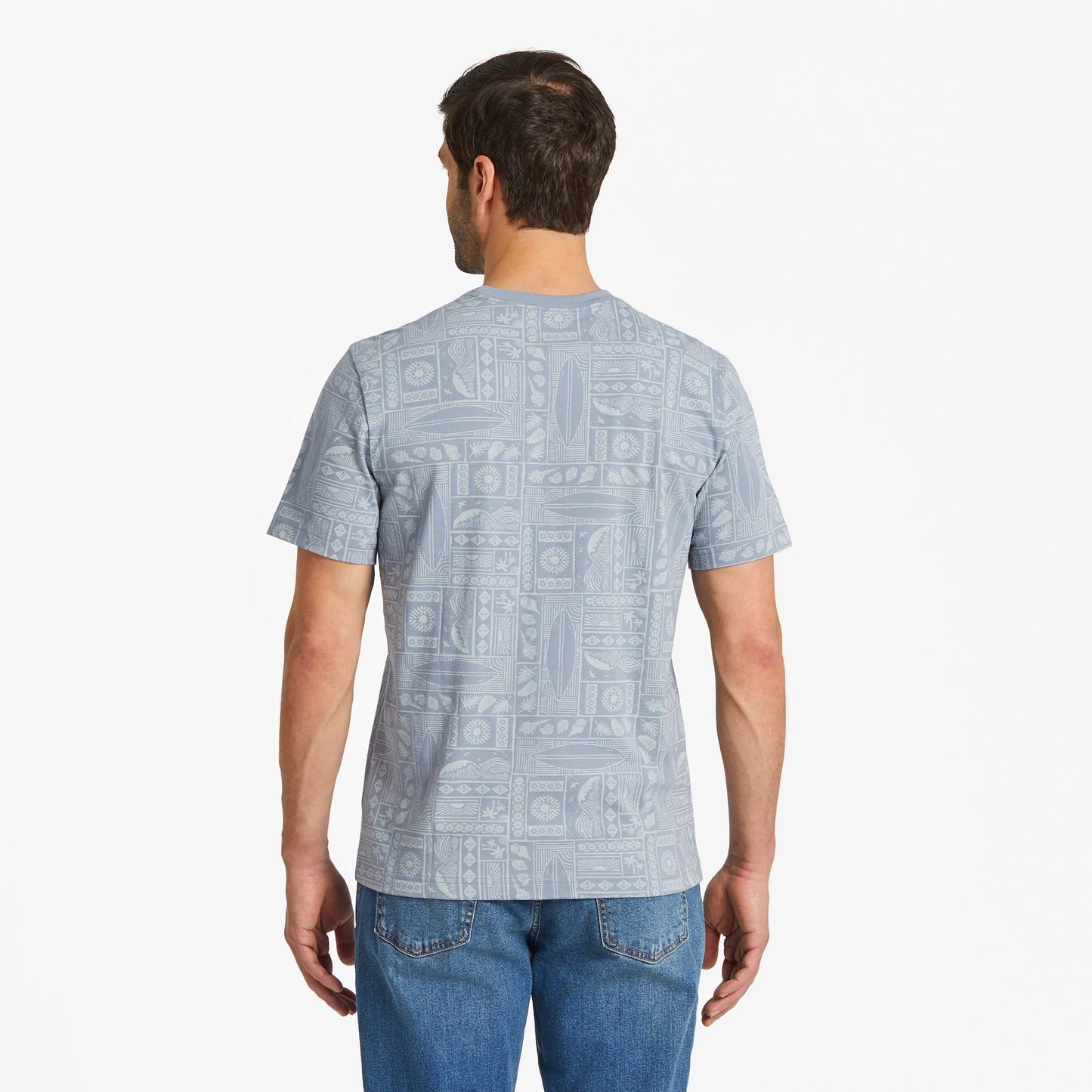 Men's Beach Woodblock Pattern Short Sleeve Allover Printed Crusher Tee