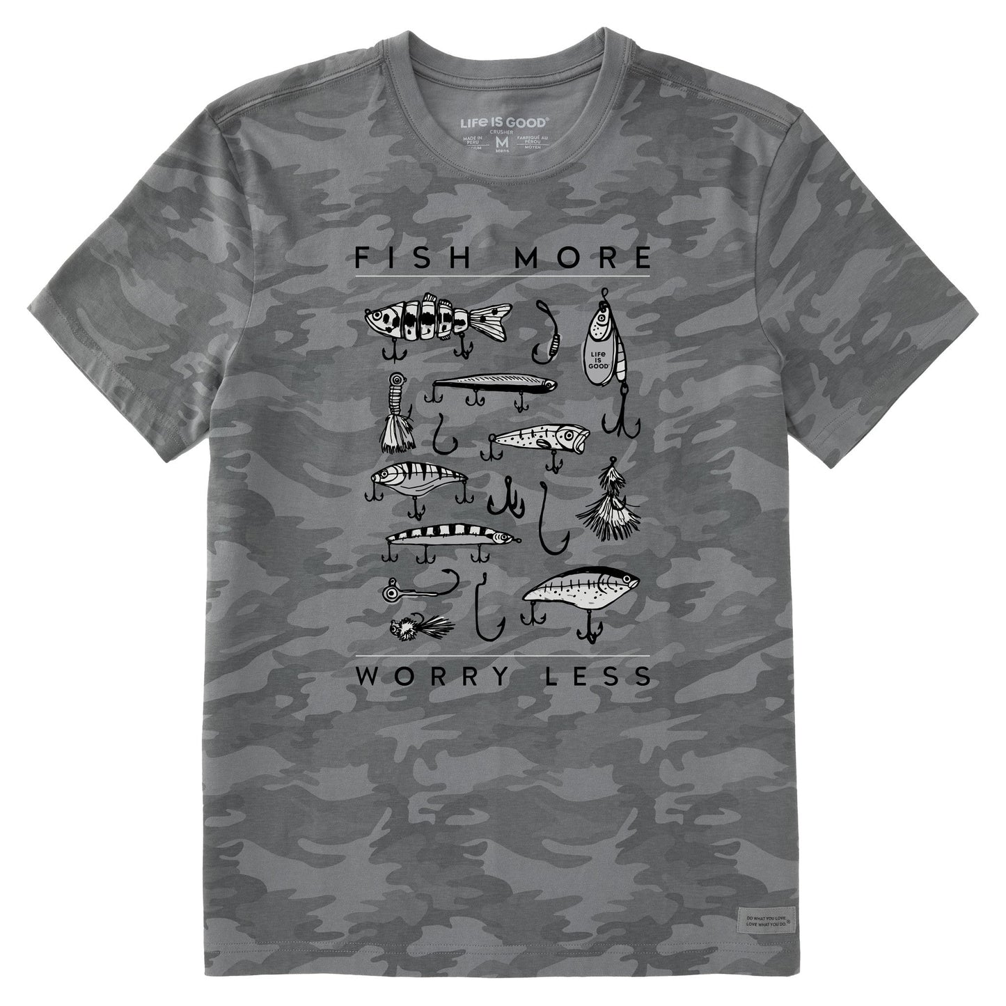 Men's Fish More Worry Less Hooks and Tackle Short Sleeve Allover Printed Crusher Tee