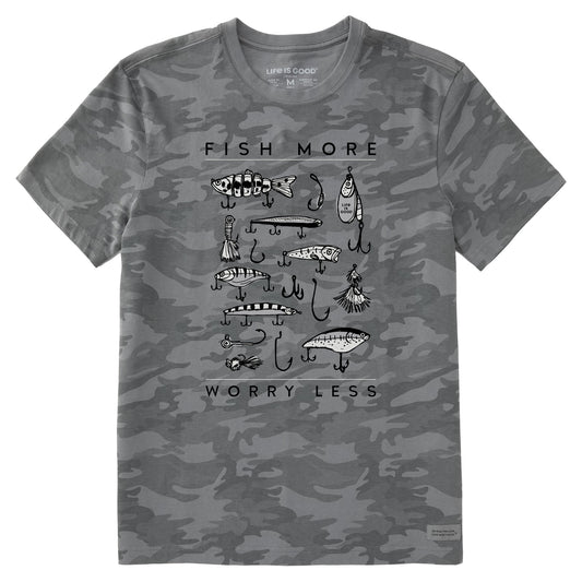 Men's Fish More Worry Less Hooks and Tackle Short Sleeve Allover Printed Crusher Tee