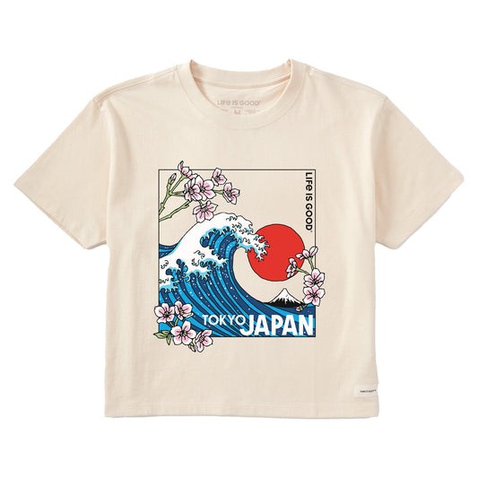 Women's Tokyo Japan Cherry Blossom Wave Short Sleeve Crusher Boxy Tee