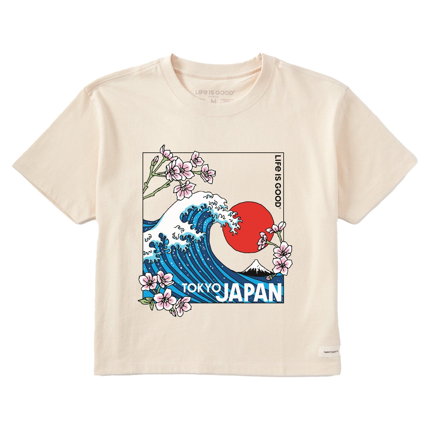 Women's Tokyo Japan Cherry Blossom Wave Short Sleeve Crusher Boxy Tee