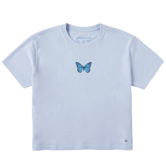 Women's Antique Floral Butterfly Short Sleeve Crusher Boxy Tee