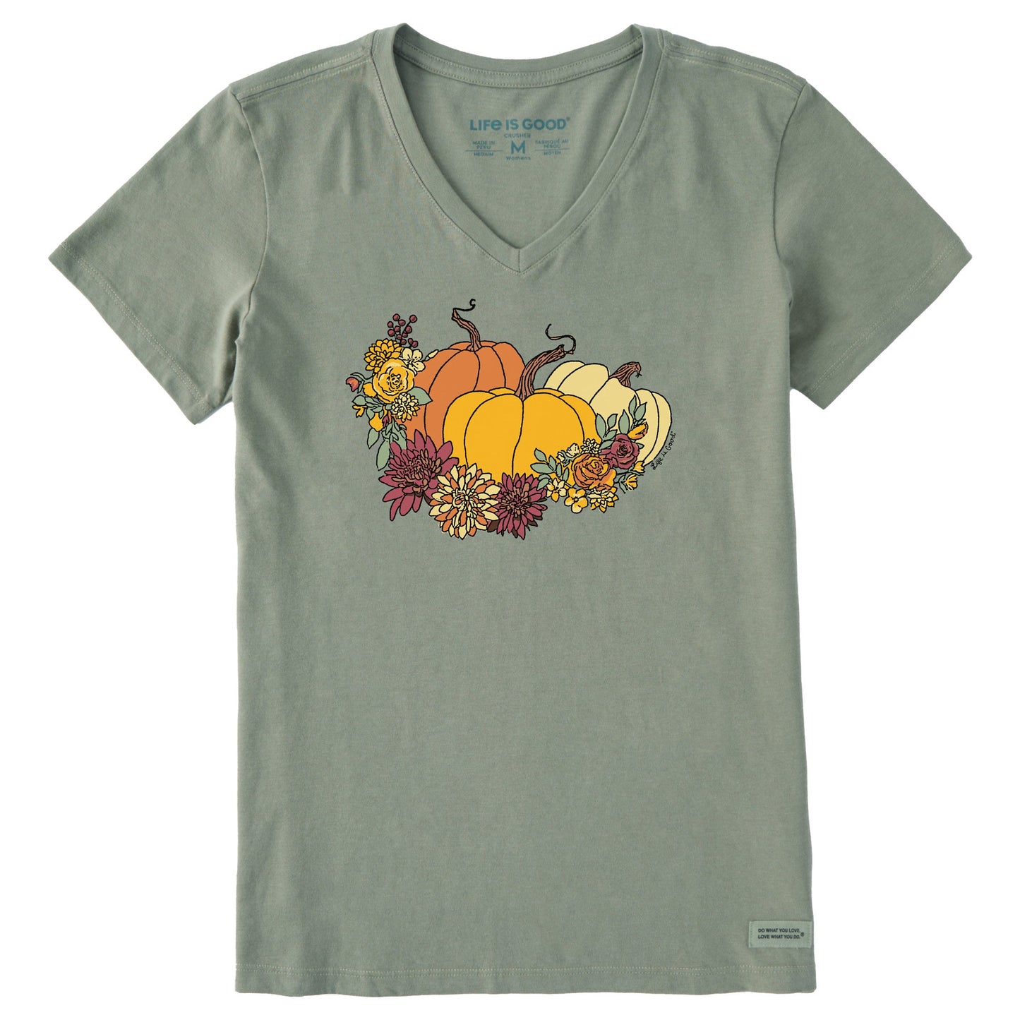 Women's Pumpkin and Flowers Short Sleeve Crusher Vee
