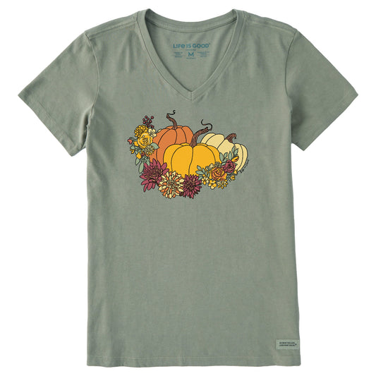Women's Pumpkin and Flowers Short Sleeve Crusher Vee