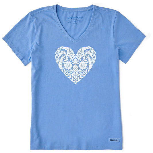 Women's Beach Design Heart Short Sleeve Crusher Vee