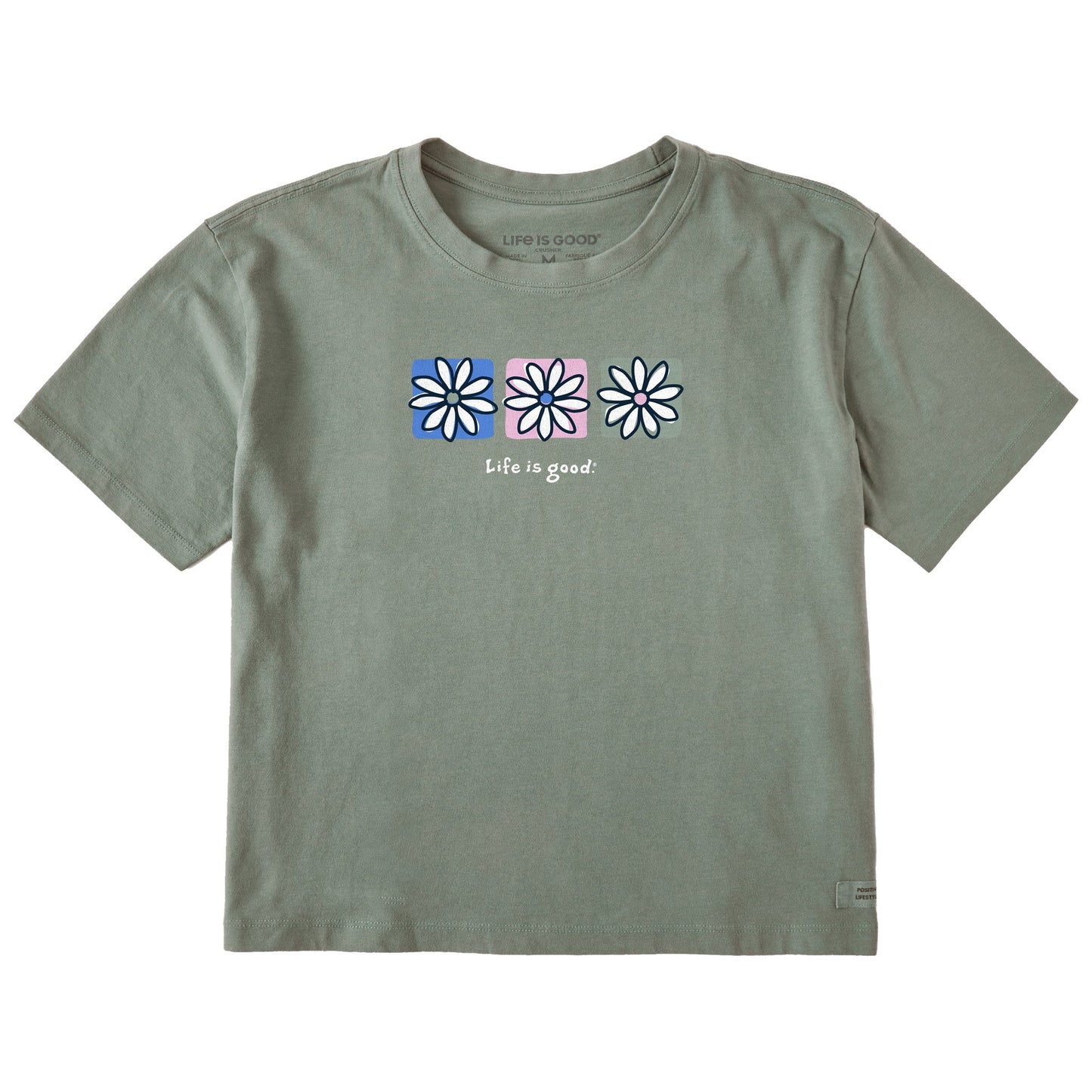 Women's Three Boxed Daisies Short Sleeve Crusher Boxy Tee