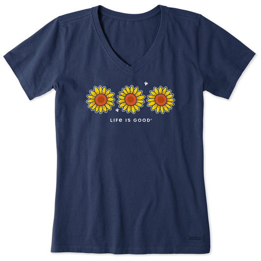 Women's Three Sunflowers Short Sleeve Crusher Vee