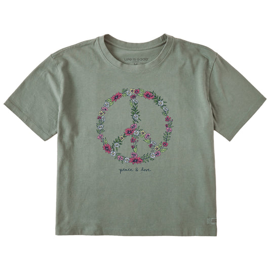 Women's Wildflower Love Peace Sign Short Sleeve Crusher Boxy Tee
