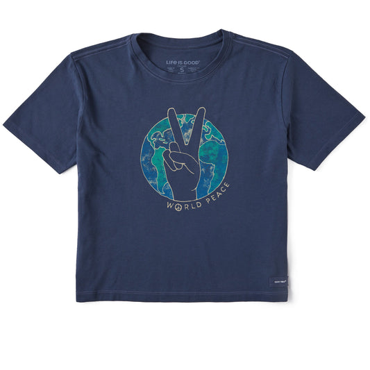 Women's World Peace Sign Short Sleeve Crusher Boxy Tee