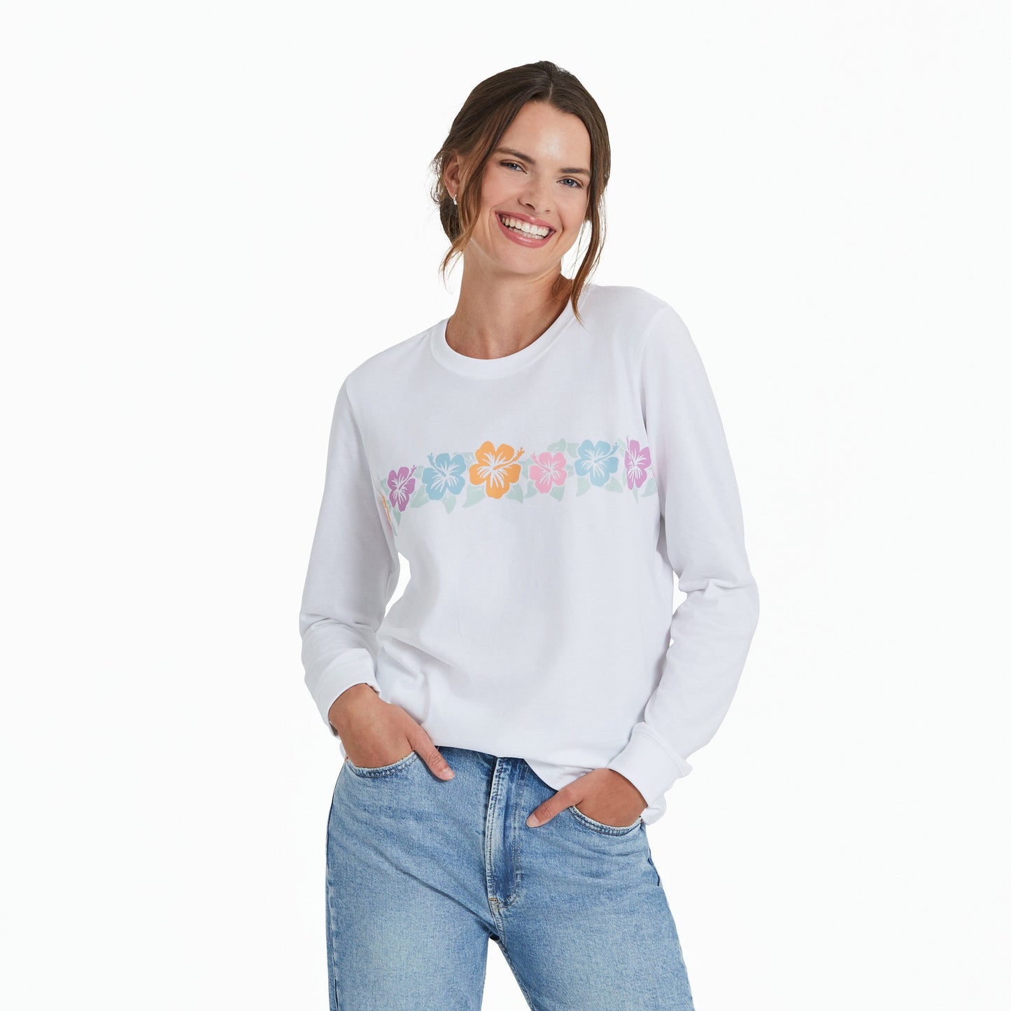 Women's Row of Hibiscus Long Sleeve Crusher Tee