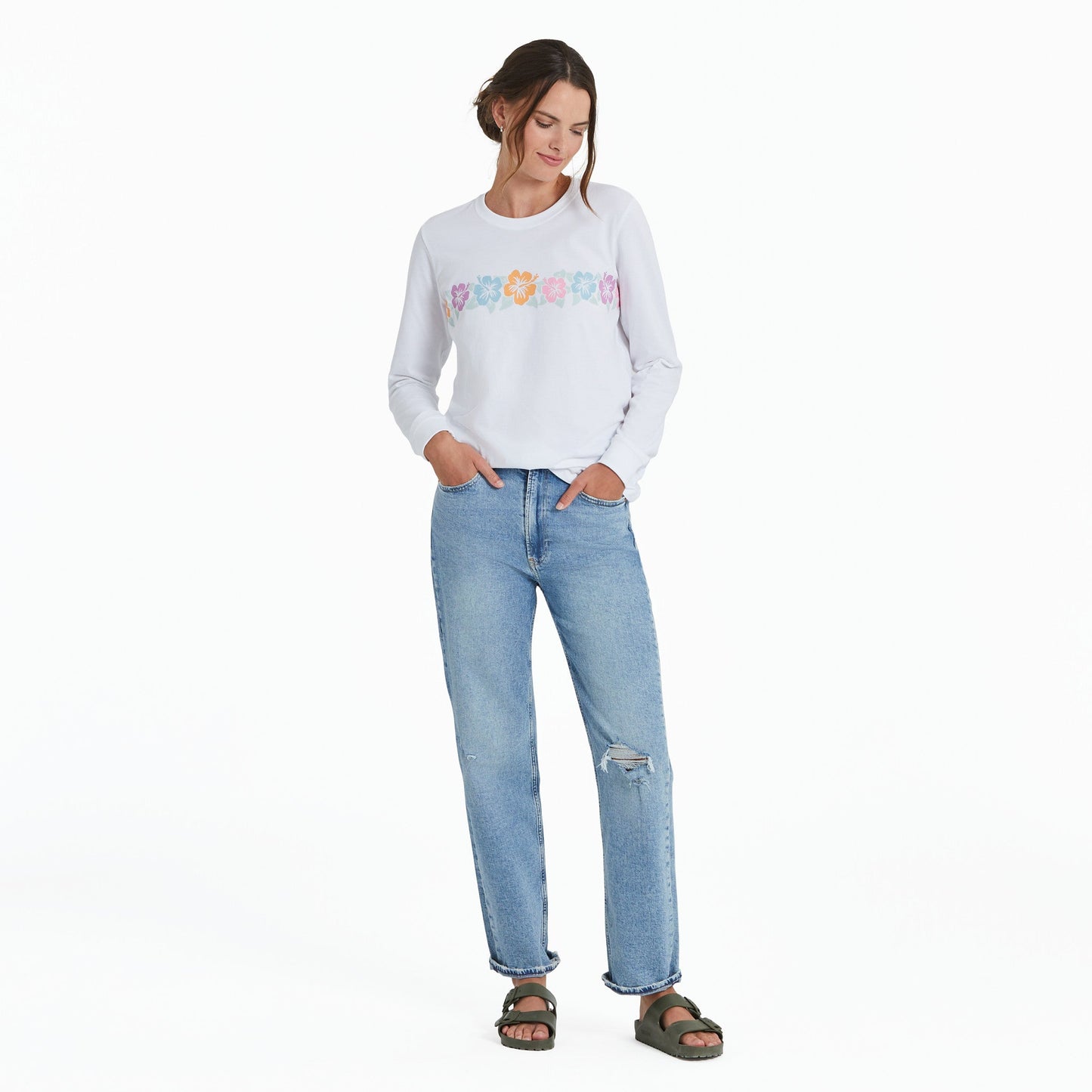 Women's Row of Hibiscus Long Sleeve Crusher Tee