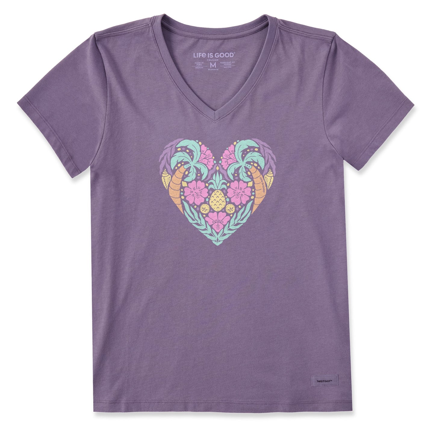 Women's Beach Design Heart Short Sleeve Crusher Vee