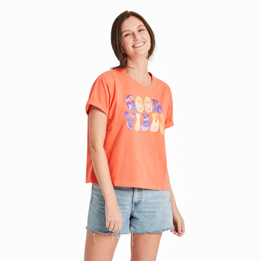 Women's Tie Dye Good Vibes Happy Face Short Sleeve Crusher Boxy Tee