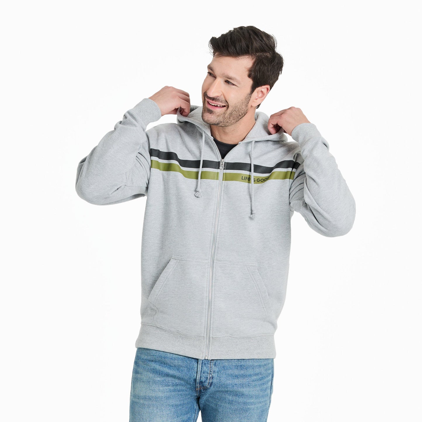 Men's Two Stripe Block Good Vibes Fleece Zip Hoodie
