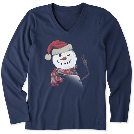Women's Santa Snowman Peace Long Sleeve Crusher Vee