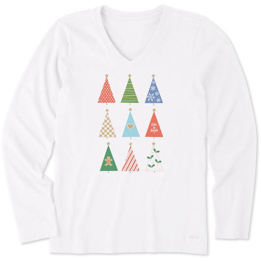 Women's Retro Christmas Trees Long Sleeve Crusher Vee