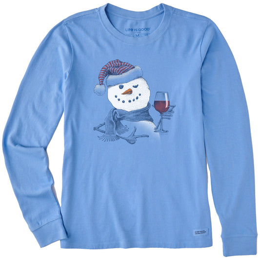 Women's Snowman w Red Wine Long Sleeve Crusher Tee