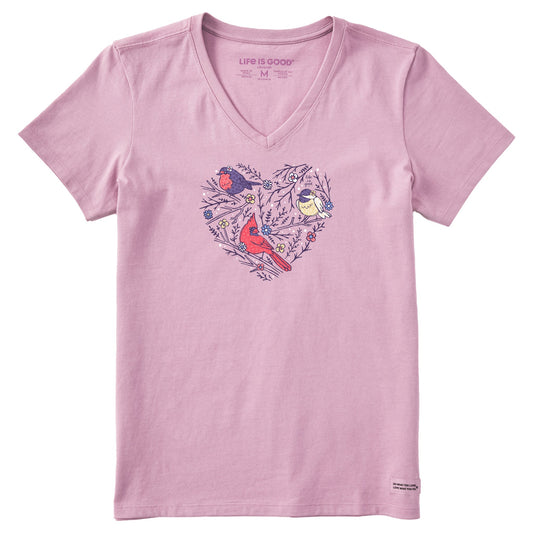 Women's Cute Winter Bird Heart Short Sleeve Crusher Vee