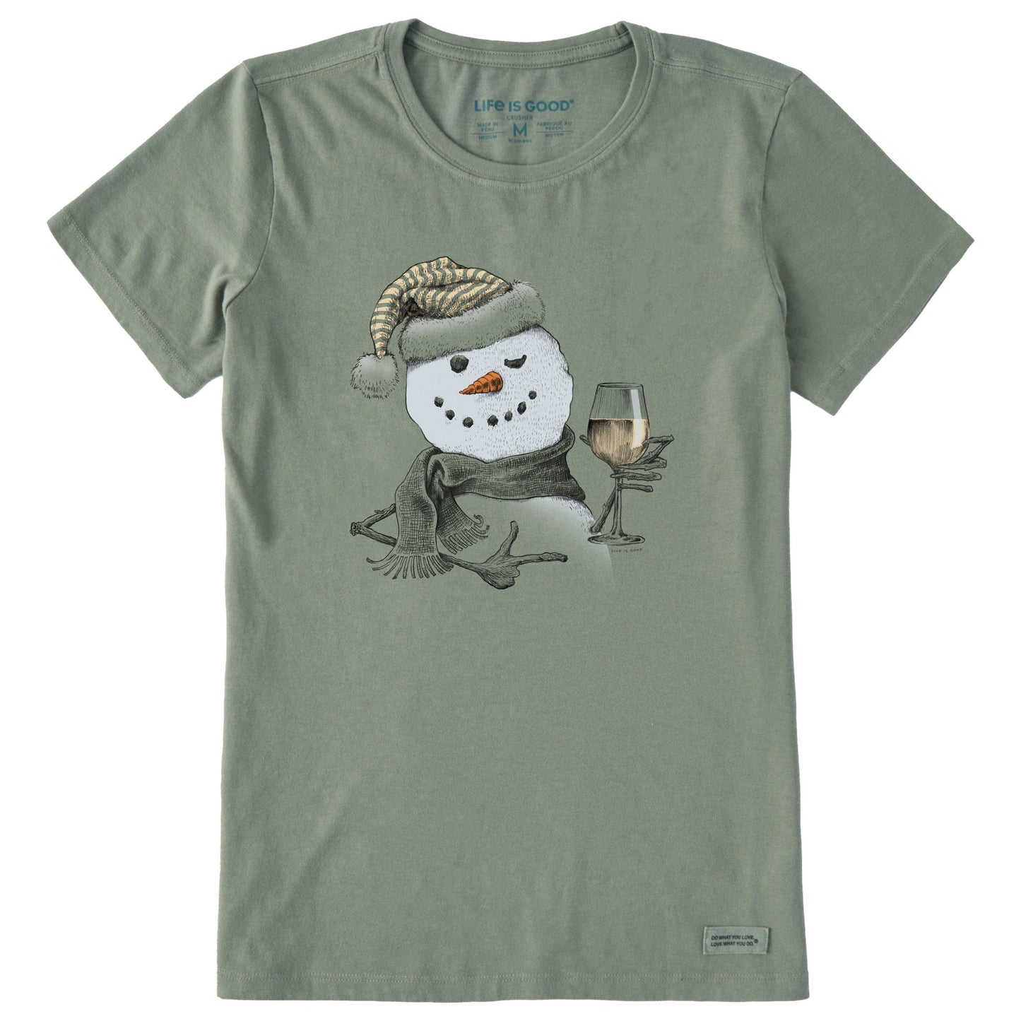 Women's Snowman w White Wine Short Sleeve Crusher Tee