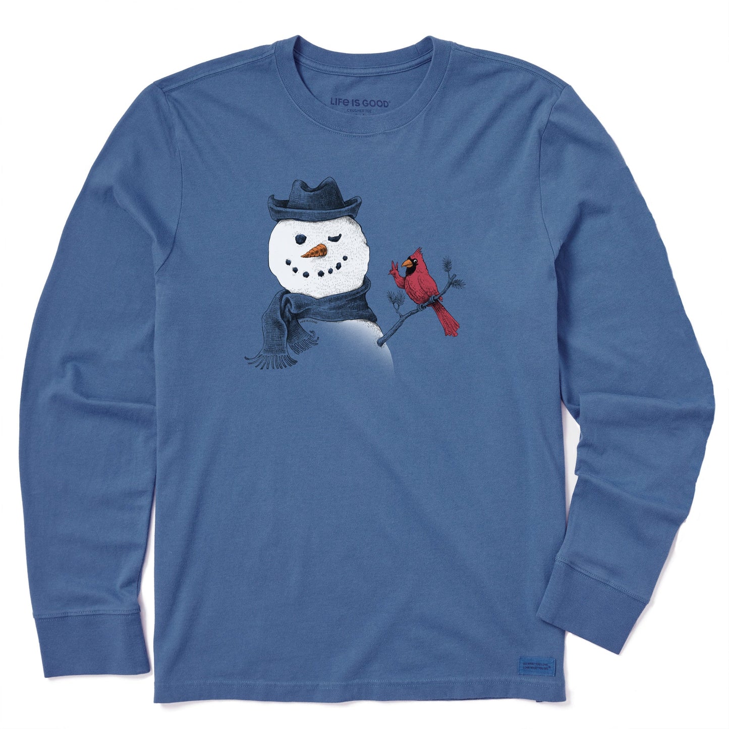 Men's Peaceful Snowman w Cardinal Long Sleeve Crusher Tee