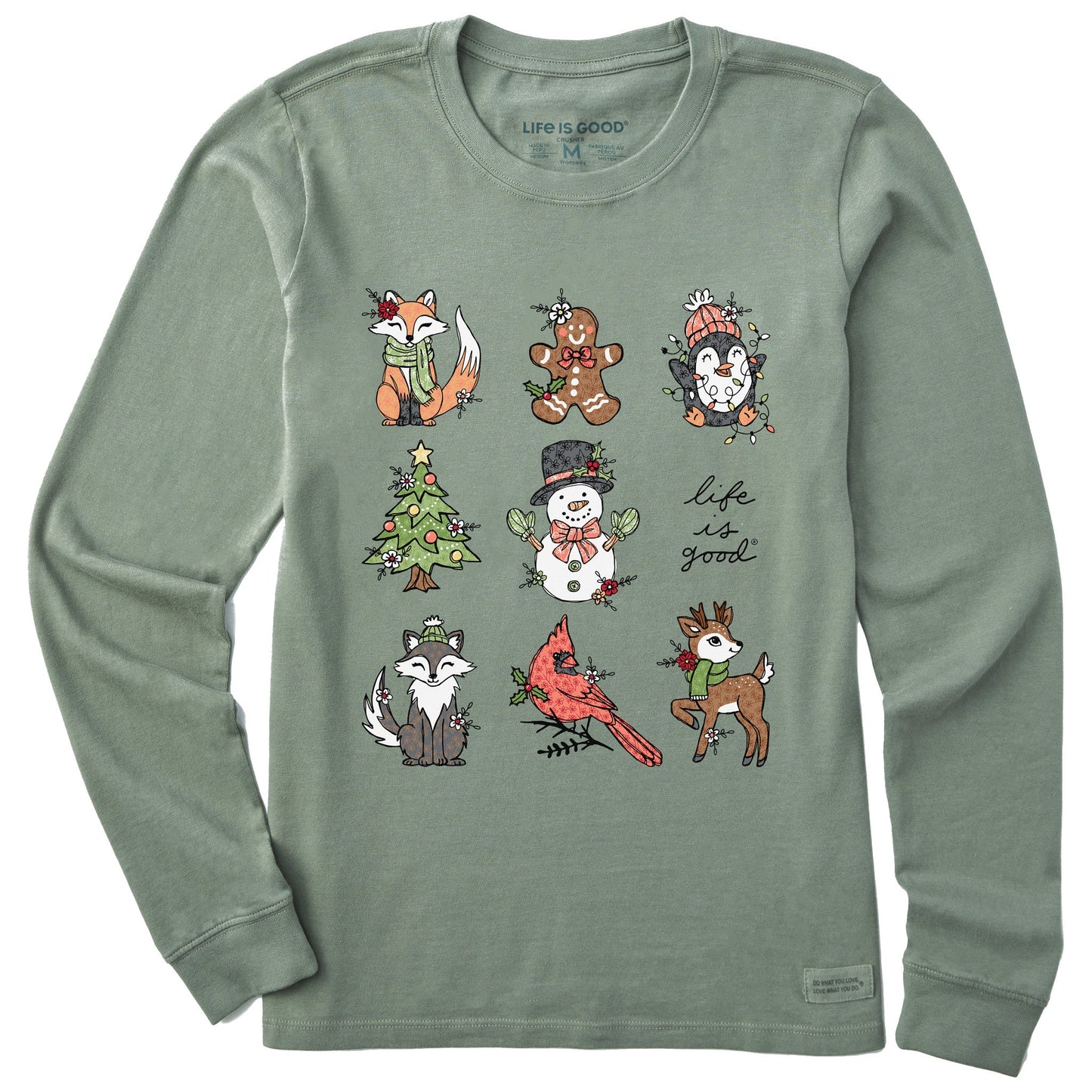 Women's Xmas Animals Grid Long Sleeve Crusher Tee