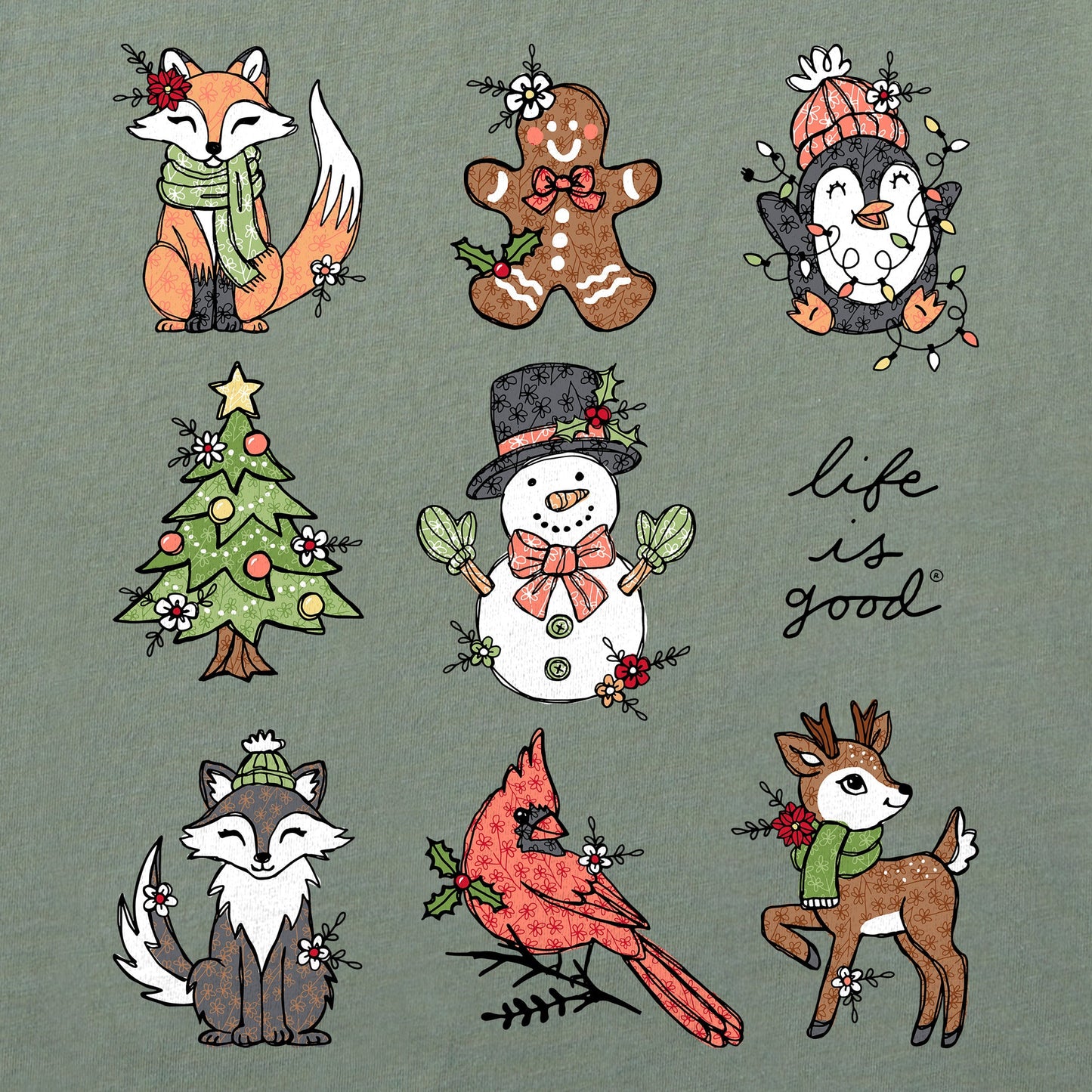 Women's Xmas Animals Grid Long Sleeve Crusher Tee