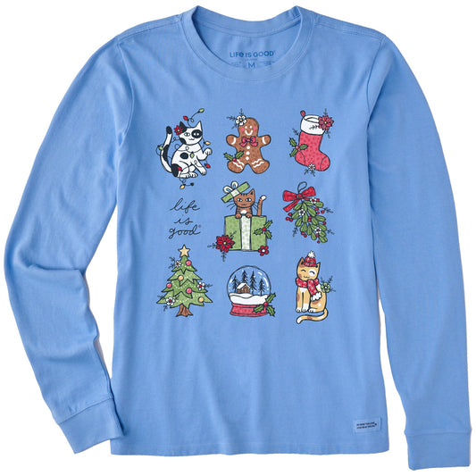 Women's Xmas Kitties Grid Long Sleeve Crusher Tee