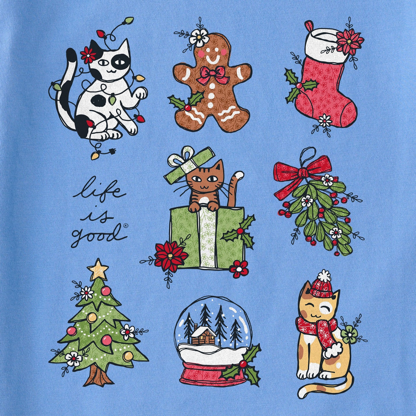 Women's Xmas Kitties Grid Long Sleeve Crusher Tee