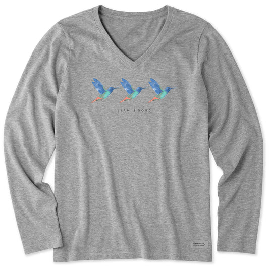 Women's Three Hummingbirds Long Sleeve Crusher Vee