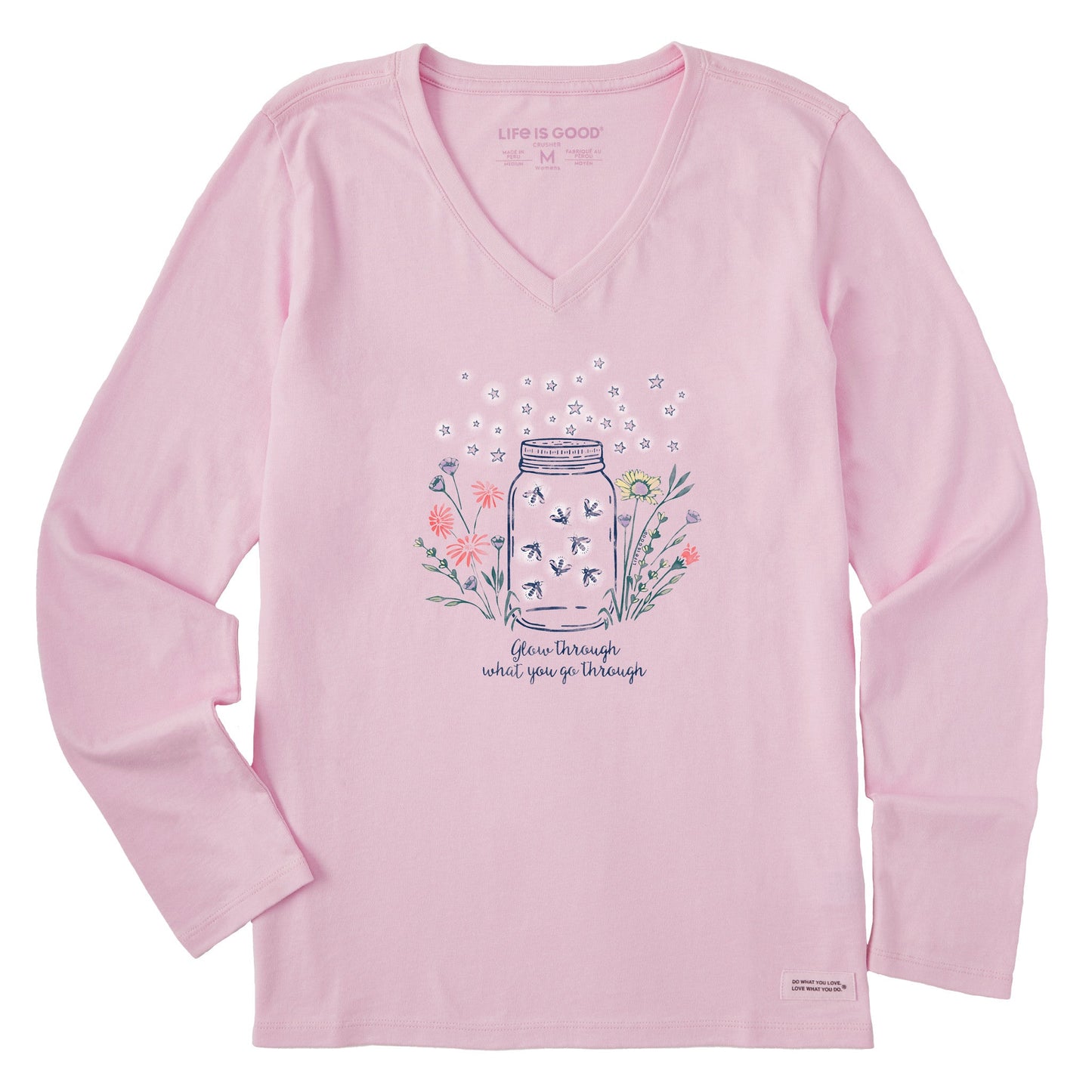 Women's Fireflies Flowers Jar Long Sleeve Crusher Vee