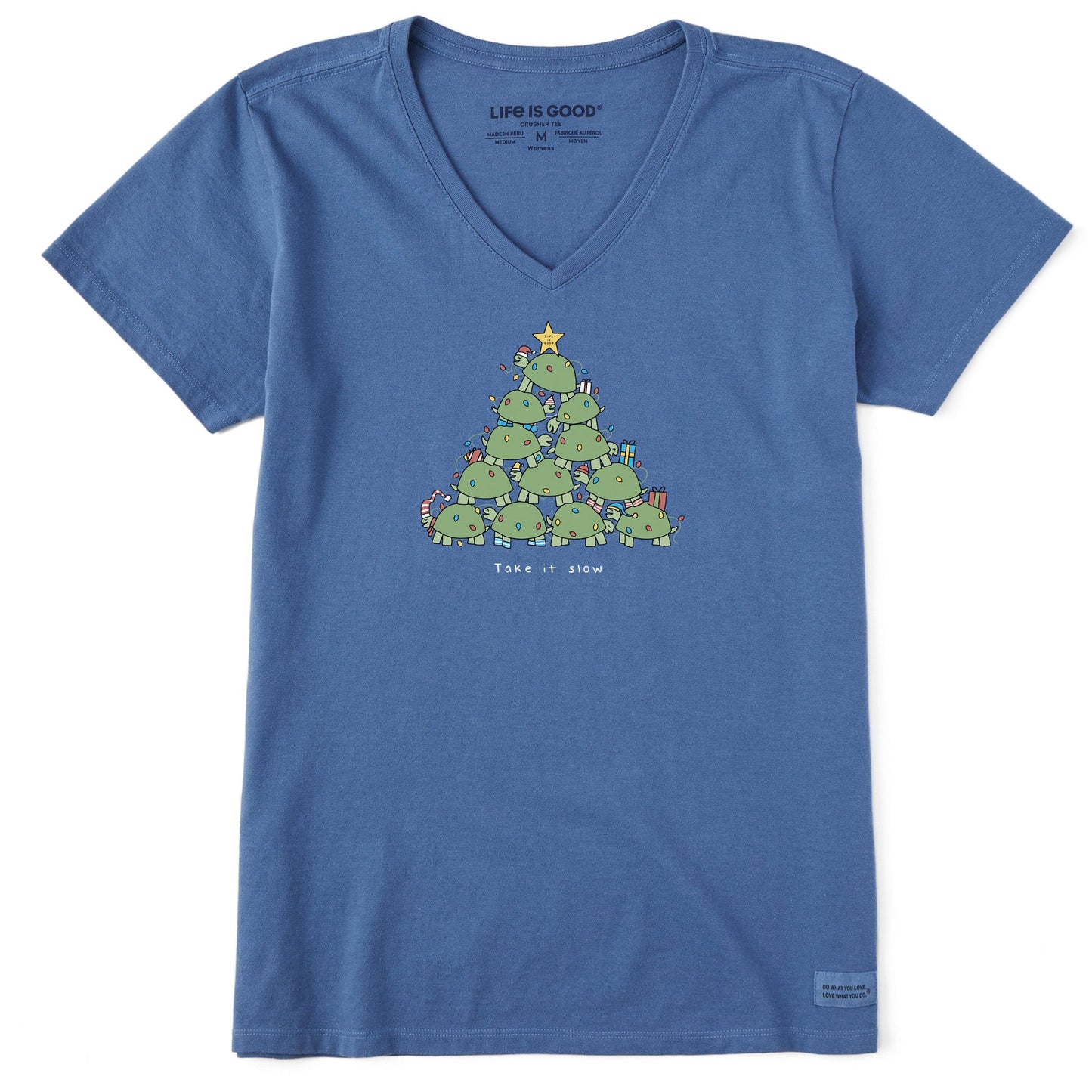 Women's Take it Slow Turtle Xmas Tree Short Sleeve Crusher Vee