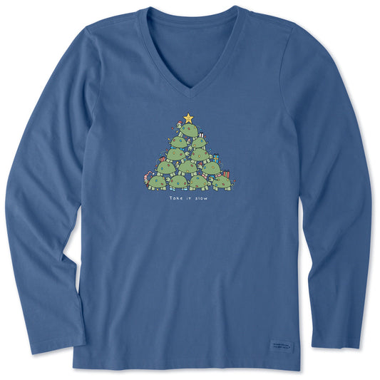 Women's Take it Slow Turtle Xmas Tree Long Sleeve Crusher Vee