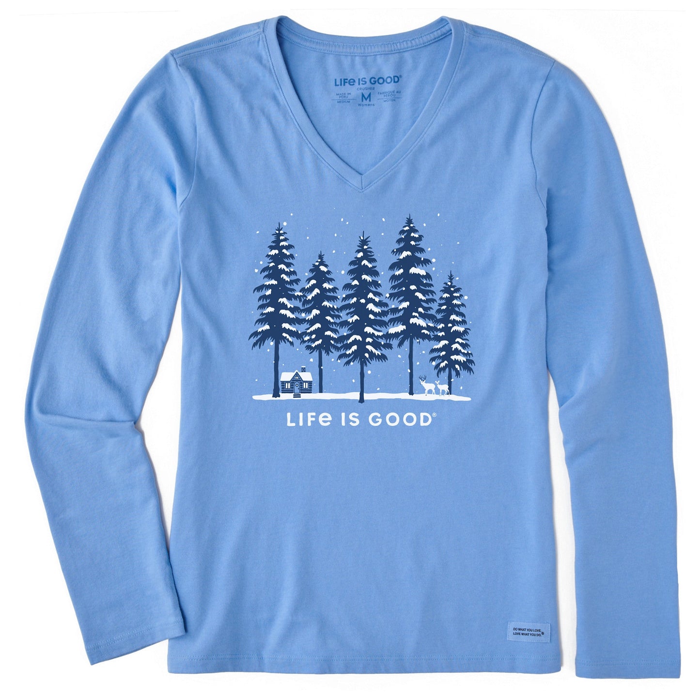 Women's Snowy Winter Cabin Scene Long Sleeve Crusher Vee