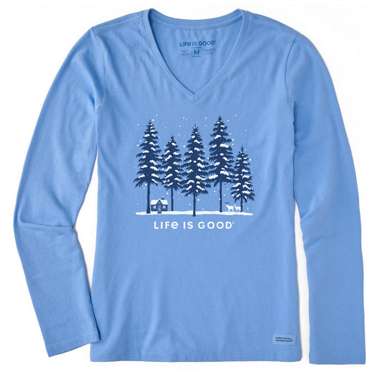 Women's Snowy Winter Cabin Scene Long Sleeve Crusher Vee