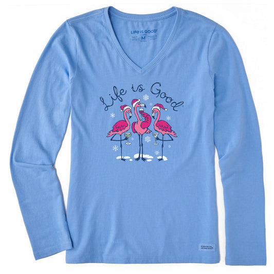 Women's Flamingo Holiday Cocktails Long Sleeve Crusher Vee
