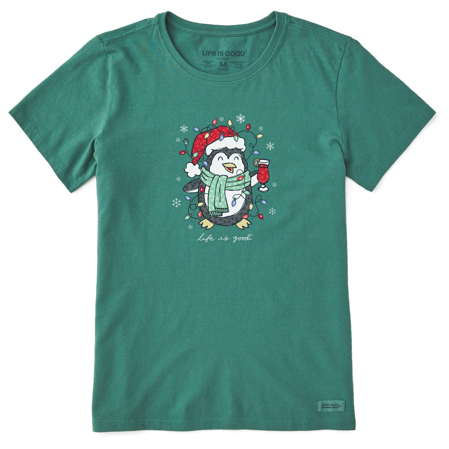Women's Xmas Lights Cocktail Penguin Short Sleeve Crusher Tee