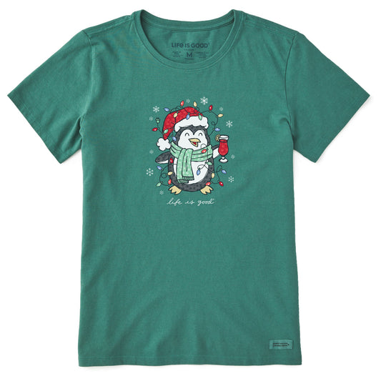 Women's Xmas Lights Cocktail Penguin Short Sleeve Crusher Tee