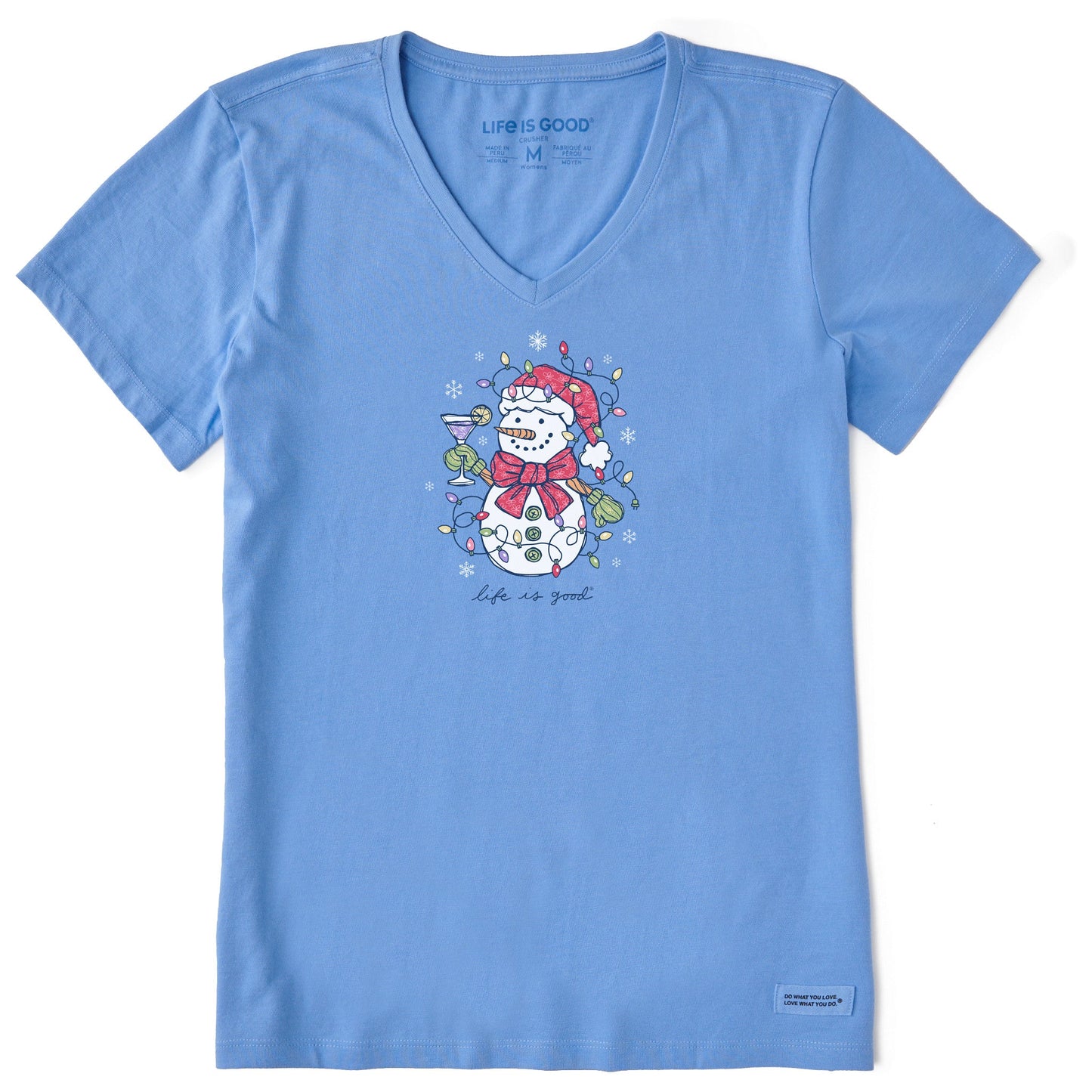 Women's Xmas Lights Cocktail Snowman Short Sleeve Crusher Vee