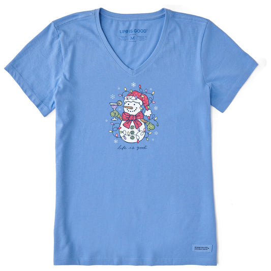 Women's Xmas Lights Cocktail Snowman Short Sleeve Crusher Vee
