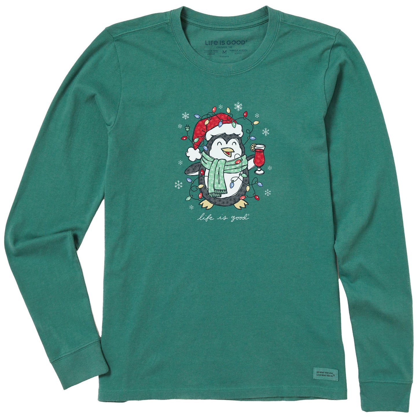 Women's Xmas Lights Cocktail Penguin Long Sleeve Crusher Tee