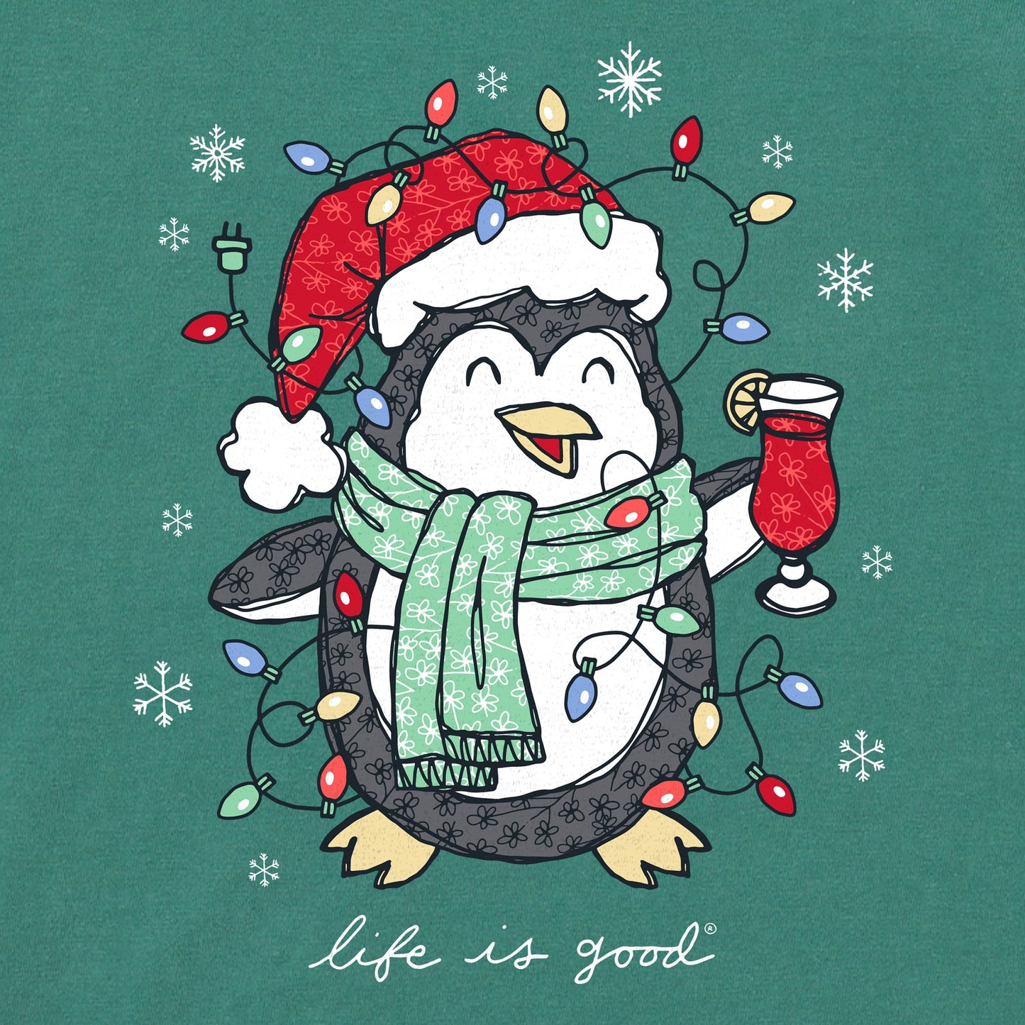Women's Xmas Lights Cocktail Penguin Long Sleeve Crusher Tee