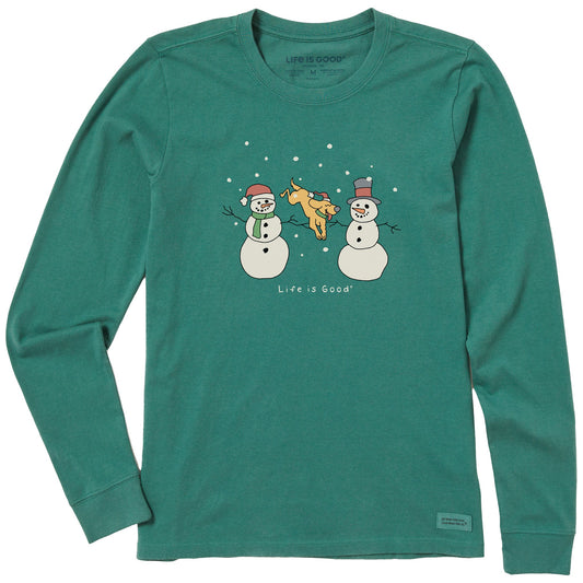 Women's Dog Jumping Snowmen Long Sleeve Crusher Tee