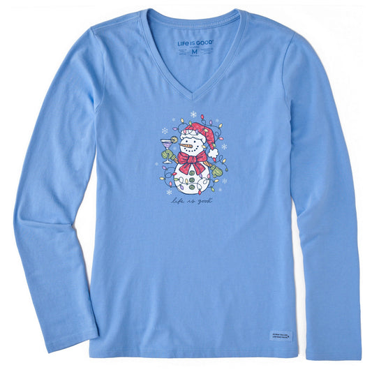 Women's Xmas Lights Cocktail Snowman Long Sleeve Crusher Vee