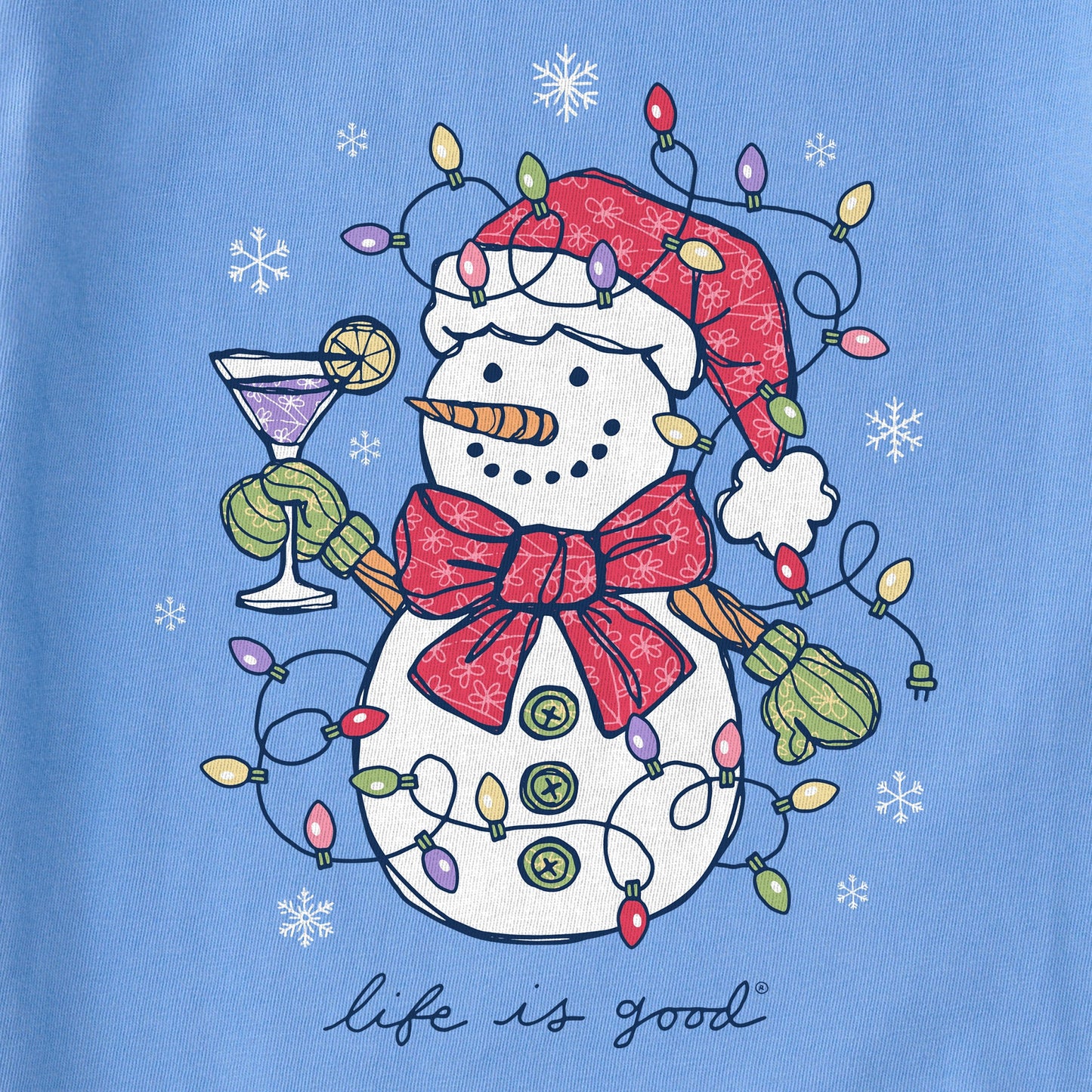 Women's Xmas Lights Cocktail Snowman Long Sleeve Crusher Vee